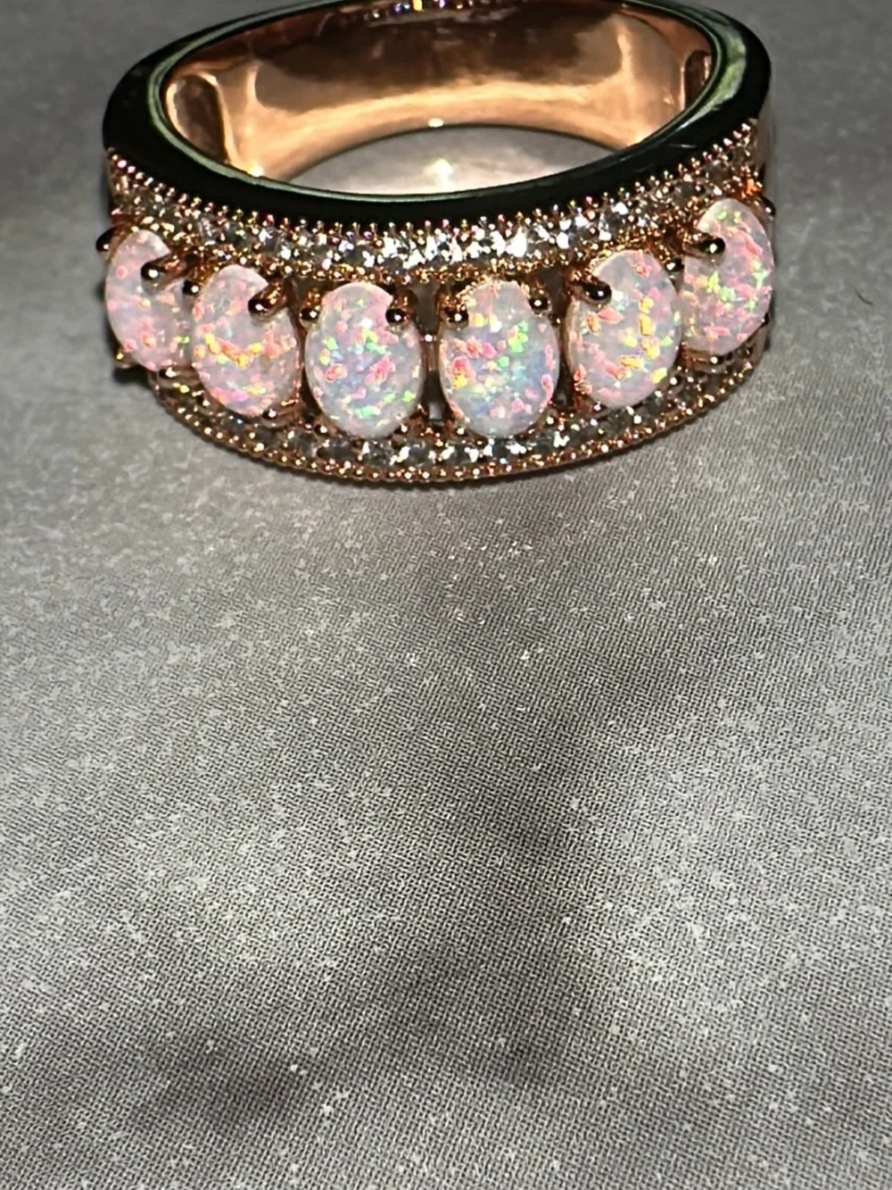 Opal & Cubic Zirconia Rose Gold Band Ring - White Opal Accent